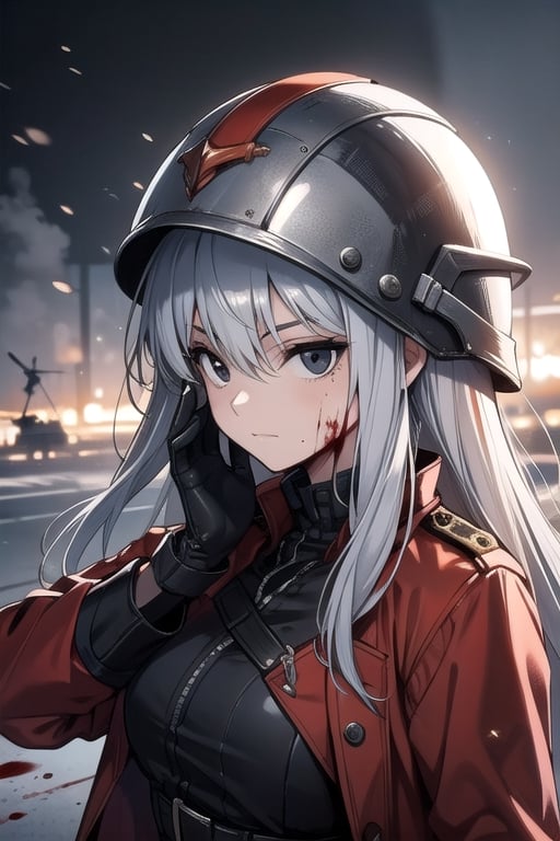 Woman, silver hair, perfect face, alone, black eyes, high quality, hands with blood, war atmosphere, military clothing, military helmet, weapons,midjourney