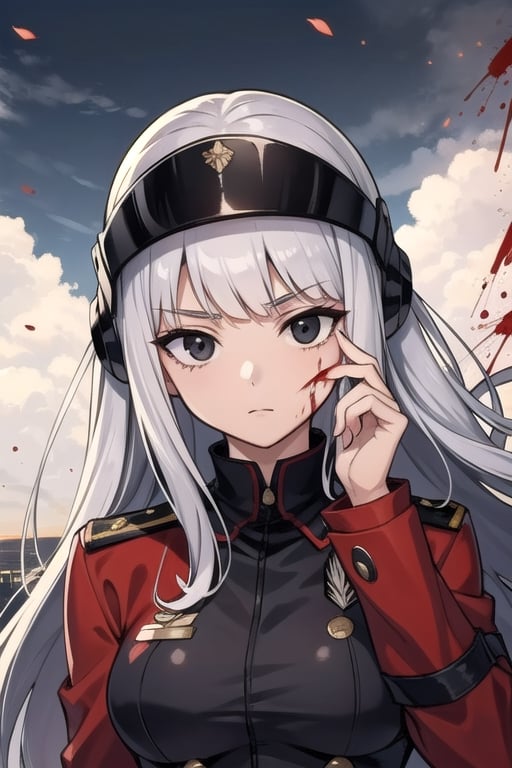 Woman, silver hair, perfect face, alone, black eyes, high quality, hands with blood, war atmosphere, military clothing, military helmet, weapons,midjourney,takane shijou,QiqiFallen