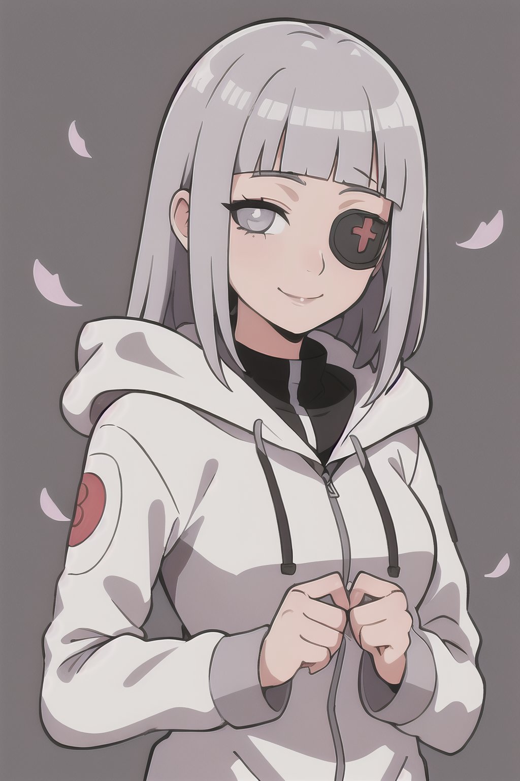 hinata, hyuuga_hinata, 1 girl, bangs, empty eyes, white hair, eye patch, blunt bangs, gray eyes, gray sleeves, headband around neck, high resolution, hime_cut, hooded cardigan, long sleeves, looking at viewer, petals, smile, alone, straight hair, upper body, hooded jacket, simple background