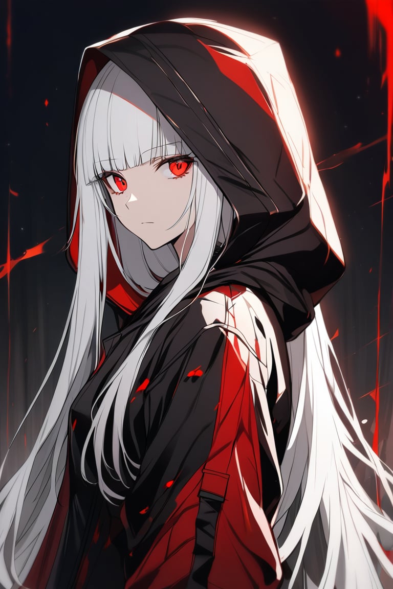 1 girl, alone, long hair, looking at viewer, bangs, red eyes, closed mouth, jacket, upper body, white hair, hood, blunt bangs, black jacket, hood down, goggles, hooded jacket, blood in the clothes