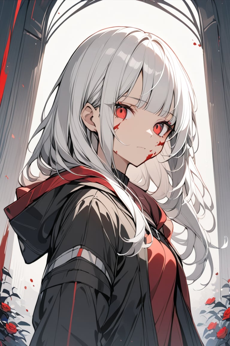 1 girl, alone, long hair, looking at viewer, bangs, red eyes, closed mouth, jacket, upper body, white hair, hood, blunt bangs, black jacket, hood down, goggles, hooded jacket, blood on the face