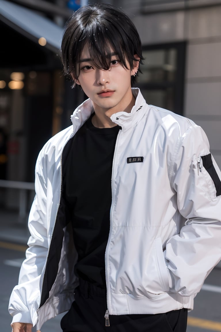 (masterpiece, best quality:1.2), kpop, boy, young man, black hair, black eyes, mole under mouth, multiple piercings, piercing, short hair,yoshidacasual, 1boy, male focus, solo, white jacket, black pants, black shirt, jacket, pants, ((hair between eyes, bangs, crossed bangs)),kpop,boy