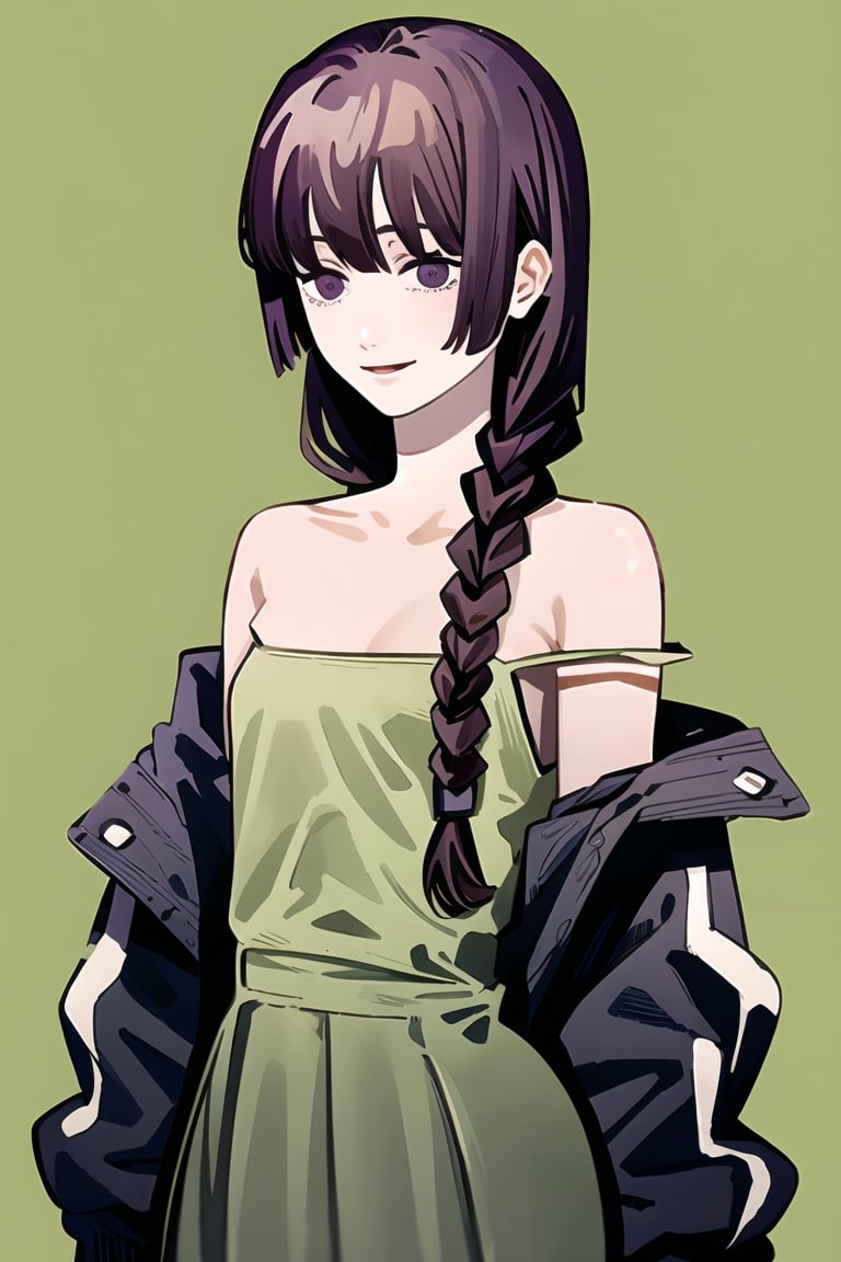 (masterpiece, best quality:1.2), fujimoto, 1girl, solo, hiroi kikuri, long hair, hair over shoulder ,single braid, strap slip, off shoulder, green dress, two-tone jacket, smile, green background, purple eyes, flat chest, blunt bangs