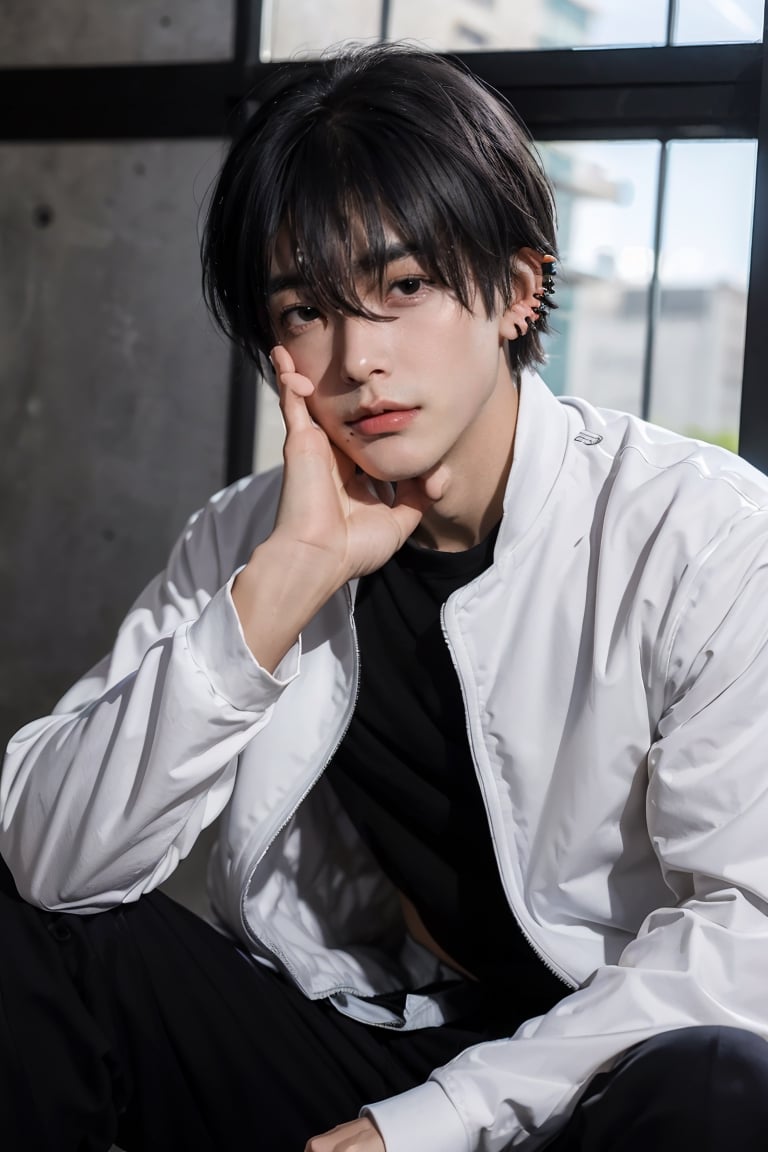 (masterpiece, best quality:1.2), kpop, boy, young man, black hair, black eyes, mole under mouth, multiple piercings, piercing, short hair,yoshidacasual, 1boy, male focus, solo, white jacket, black pants, black shirt, jacket, pants, ((hair between eyes, bangs, crossed bangs)), twink, bishounen