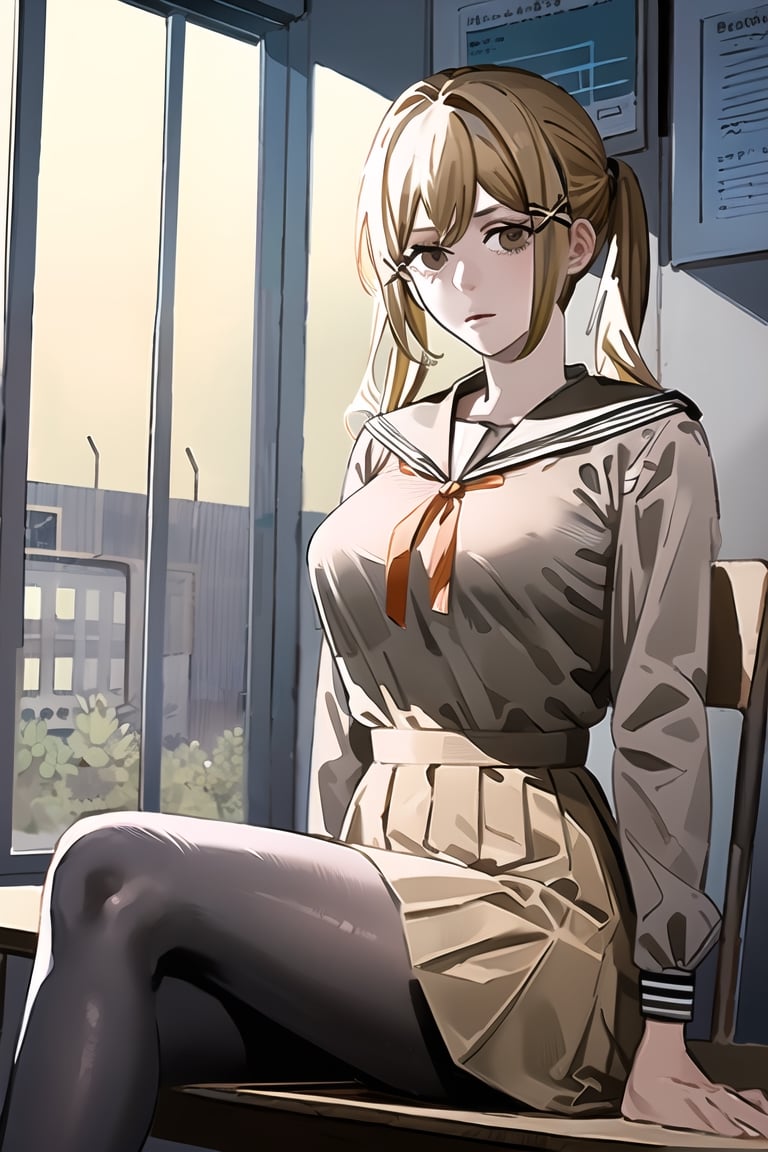 (masterpiece, best quality:1.2), fujimoto, 1girl, solo, ichigaya arisa, twintails, wavy hair, x hair ornament, school uniform, pleated dress, pantyhose, blonde hair, brown eyes, long sleeves, brown dress, large breasts, white sailor collar, looking at viewer, sitting, crossed legs, 