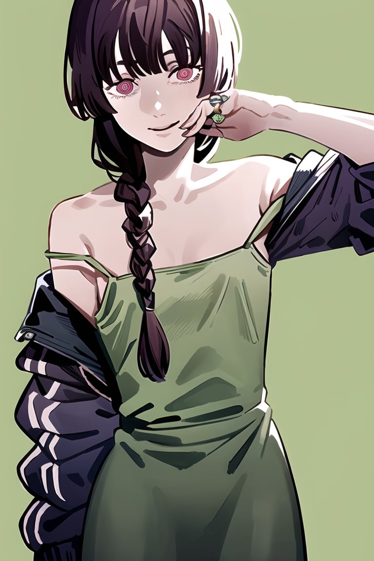 (masterpiece, best quality:1.2), fujimoto, 1girl, solo, hiroi kikuri, long hair, hair over shoulder ,single braid, strap slip, off shoulder, green dress, two-tone jacket, smile, green background, purple eyes, flat chest, blunt bangs, messy hair, (ringed eyes)