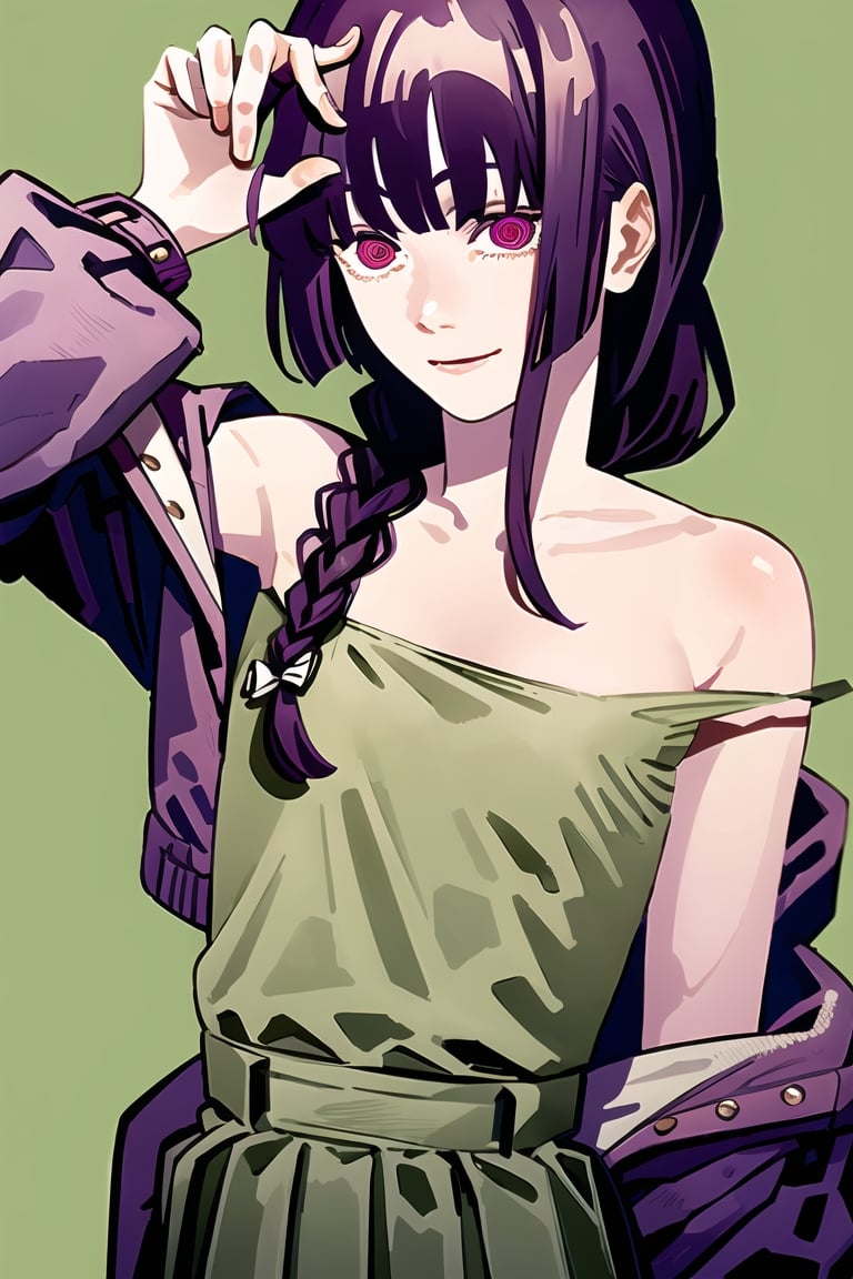 (masterpiece, best quality:1.2), fujimoto, 1girl, solo, hiroi kikuri, long hair, hair over shoulder ,single braid, strap slip, off shoulder, green dress, two-tone jacket, smile, green background, purple eyes, flat chest, blunt bangs, messy hair, (ringed eyes)