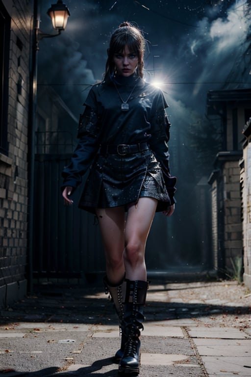 1girl, solo, (blue eyes:1.3), (next level streetwear, black cargo skirt, belts, black boots, necklace), glitter, black, realistic style, 8k, exposure blend, (slim, angry:1.1), (fighting pose), (full body), (fantasy clothes:1.2), (wind:1.3), dark of night, (aesthetic background),(masterpiece:1.2), (best quality, highest quality), (ultra detailed), (8k, 4k, intricate),(full-body-shot), (50mm), (highly detailed:1.2),(detailed face:1.2), detailed_eyes,(gradients),(ambient light:1.3) center subject, (cinematic composition:1.3),(HDR:1),Accent Lighting,extremely detailed,original, highres,(perfect_anatomy:1.2), (ray tracing),dark studio, SILHOUETTE LIGHT PARTICLES,fantasy_world, (((night)))