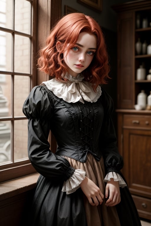 A bruja with short, fiery red hair, bright eyes, and a Victorian-style dress in a light brown hue.