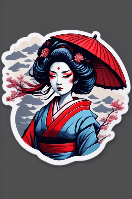 a geisha holding an umbrella with her hair blowing in the wind sticker