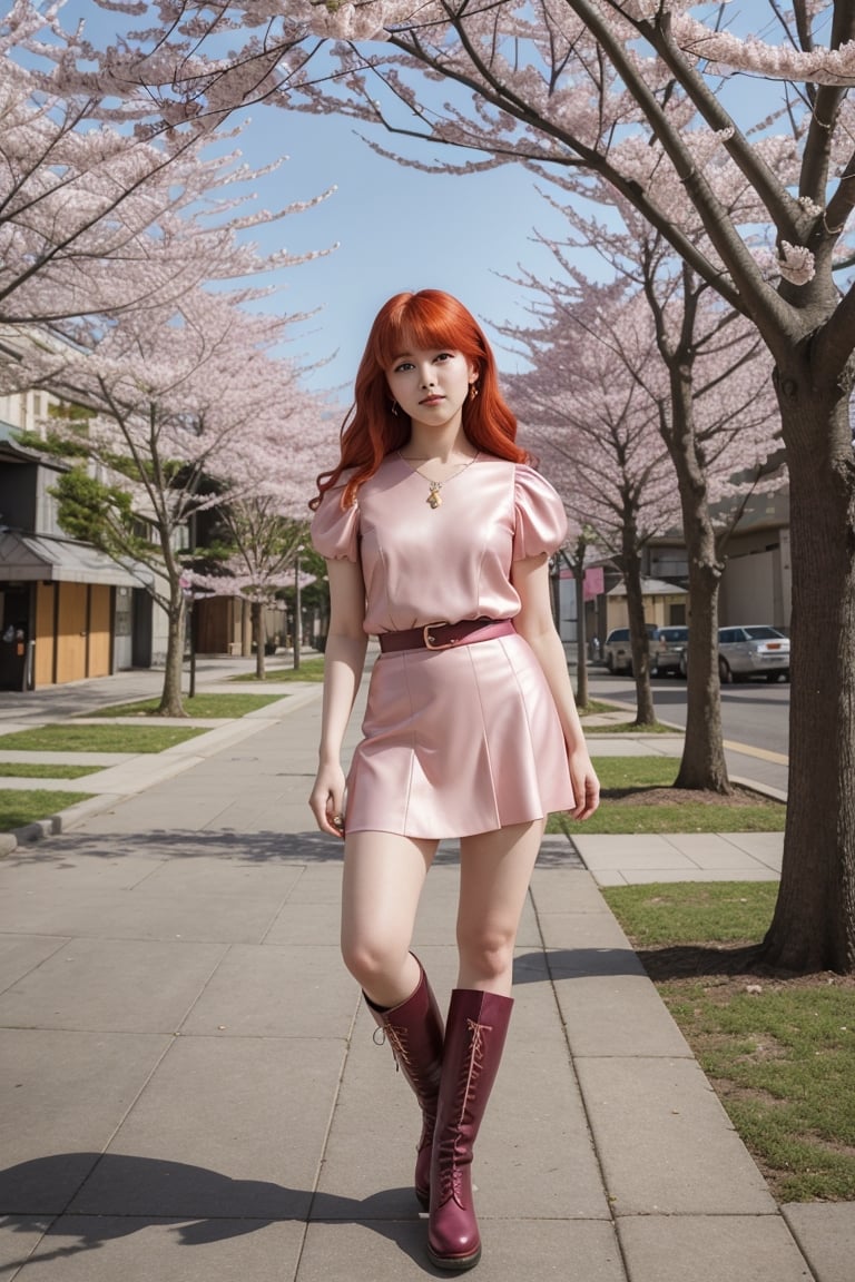 A visual presented in vibrant 16K resolution, channeling the nostalgic charm of anime from the '90s with a distinctive Studio Pierrot touch. | Ruby, a 23-year-old with striking orange-red hair, embodies the essence of the era in her enchanting appearance. Clad in a solid pink dress with a short skirt, her choice of fashion resonates with the playful and vibrant styles of the '90s anime. Completing her look, she wears dark brown leather boots that exude a hint of toughness and femininity. | Ruby's delicate features and shy demeanor add a layer of authenticity to her character, capturing the essence of the timidity often depicted in anime from that era. The animation style pays homage to Studio Pierrot, with meticulous attention to detail in her facial expressions and overall design. | The scene unfolds in a whimsical setting, where Ruby stands amidst cherry blossoms in full bloom, enhancing the nostalgic anime atmosphere. The soft hues of pink and green create a harmonious backdrop, amplifying the overall charm. | The composition adopts the iconic Studio Pierrot aesthetic, incorporating elements of dynamic poses and expressive faces. The camera angle captures Ruby's timidity with a slight tilt, emphasizing her character's shy nature. | Ruby, the charming redhead in her pink dress and leather boots, stands among blooming cherry blossoms, embodying the spirit of '90s anime with a Studio Pierrot flair. | {The camera is positioned very close to her, revealing her entire body as she adopts a dynamic_pose, interacting with and leaning on a structure in the scene in an exciting way.} | She is adopting a (((dynamic_pose as interacts, boldly leaning on a structure, leaning back in an exciting way))), (dynamic_pose:1.3),  ((perfect_pose)), ((perfect_pose):1.5), (((full body))), ((well_defined_face, ultra_detailed_face, well_defined_eyes, ultra_detailed_eyes)), ((perfect_fingers, perfect_hands)), perfect, hand, ((More Detail)), perfect_hand,90s,retro artstyle, 1990s (style),REALISTIC