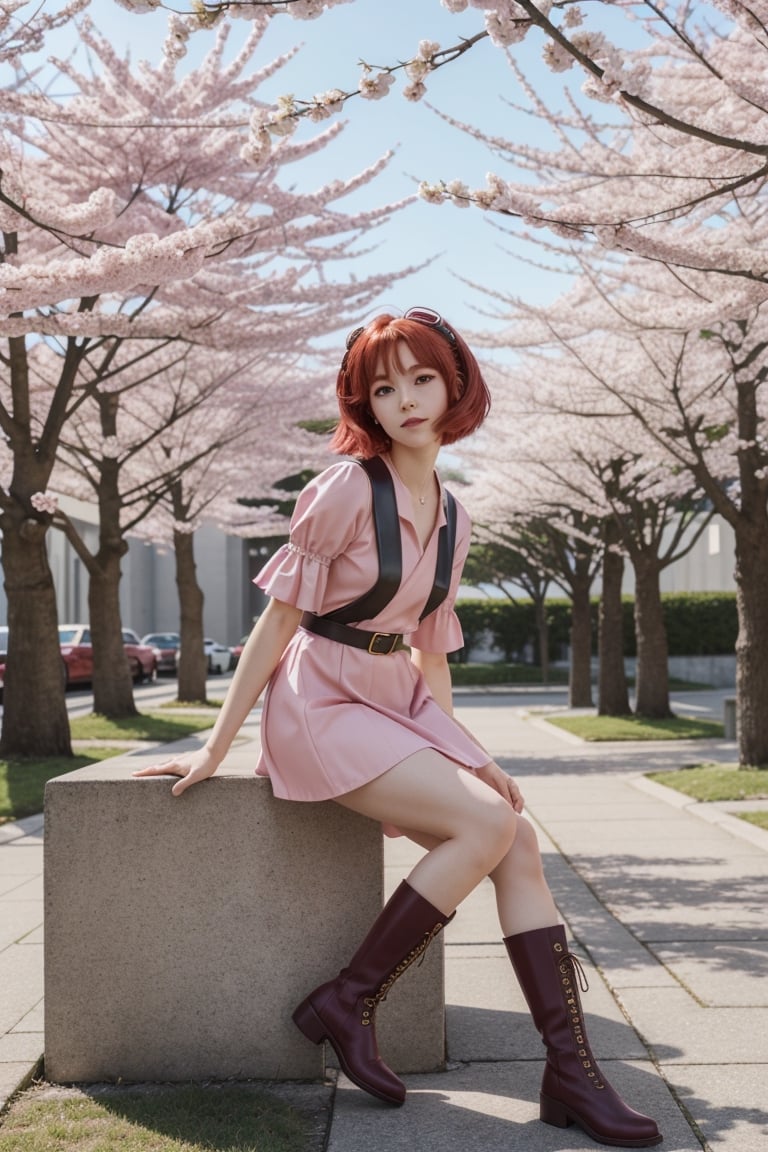 A visual presented in vibrant 16K resolution, channeling the nostalgic charm of anime from the '90s with a distinctive Studio Pierrot touch. | Ruby, a 23-year-old with striking orange-red hair, embodies the essence of the era in her enchanting appearance. Clad in a solid pink dress with a short skirt, her choice of fashion resonates with the playful and vibrant styles of the '90s anime. Completing her look, she wears dark brown leather boots that exude a hint of toughness and femininity. | Ruby's delicate features and shy demeanor add a layer of authenticity to her character, capturing the essence of the timidity often depicted in anime from that era. The animation style pays homage to Studio Pierrot, with meticulous attention to detail in her facial expressions and overall design. | The scene unfolds in a whimsical setting, where Ruby stands amidst cherry blossoms in full bloom, enhancing the nostalgic anime atmosphere. The soft hues of pink and green create a harmonious backdrop, amplifying the overall charm. | The composition adopts the iconic Studio Pierrot aesthetic, incorporating elements of dynamic poses and expressive faces. The camera angle captures Ruby's timidity with a slight tilt, emphasizing her character's shy nature. | Ruby, the charming redhead in her pink dress and leather boots, stands among blooming cherry blossoms, embodying the spirit of '90s anime with a Studio Pierrot flair. | {The camera is positioned very close to her, revealing her entire body as she adopts a dynamic_pose, interacting with and leaning on a structure in the scene in an exciting way.} | She is adopting a (((dynamic_pose as interacts, boldly leaning on a structure, leaning back in an exciting way))), (dynamic_pose:1.3),  ((perfect_pose)), ((perfect_pose):1.5), (((full body))), ((well_defined_face, ultra_detailed_face, well_defined_eyes, ultra_detailed_eyes)), ((perfect_fingers, perfect_hands)), perfect, hand, ((More Detail)), perfect_hand,90s,retro artstyle, 1990s (style),REALISTIC