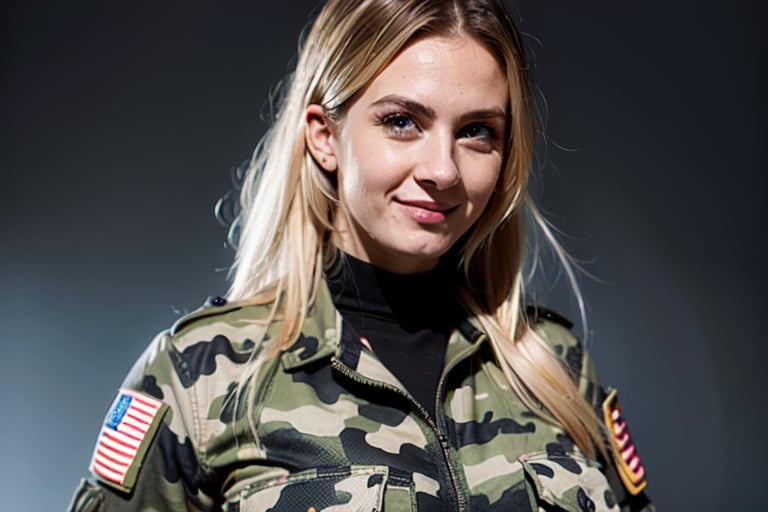 full_length_portrait woman soldier wearing camouflage uniform, blue_eyes, blond_hair, beautiful smile,big_breasts, standing_up,black background, beautiful face,8k, realistic, high_resolution  