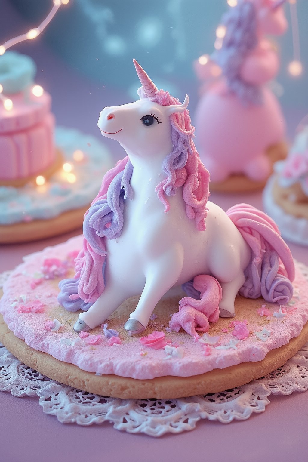 ((masterpiece, best quality)),(complex light),trending, high quality, realistic, intricate detailed, graceful and beautiful textures,16K,Generate hyper realistic image,trending features a fantastical,aurora lights,Cute pastel colored unicorn icing cookies placed on lace paper, in ghibli real photography style,blight cozy, ethereal dreamlike quality,pixiv,noc-isometric