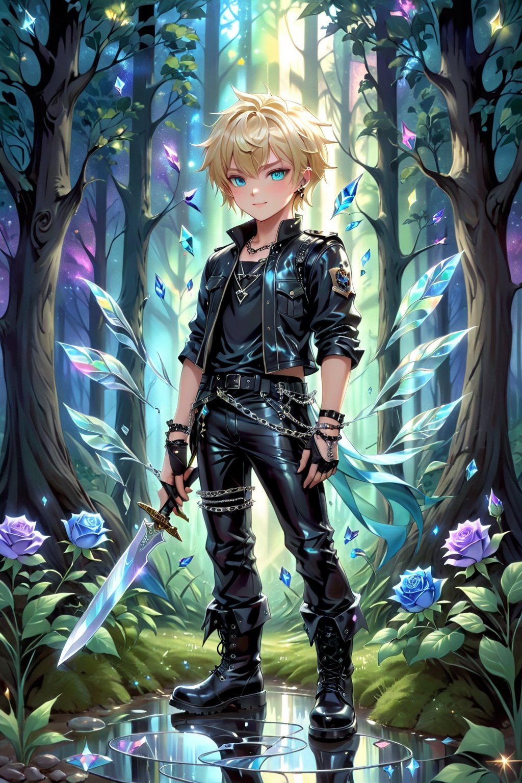 ((masterpiece, best quality)),(complex light),trending,absurdres, Cool A handsome boy who combines Gothic style with pastel punk fashion, he wears dark and edgy clothes with Gothic elements such as lace, Aurora crystal chains, but in pastel colors such as blonde, green, and lavender. His hair is a vibrant mix of pastel colors, styled with asymmetrical bangs, and decorated with wind reaf. His accessories include Aurora crystal bracelets, military boots,He has short blonde hair, blue eyes, smirk,hologram,reflection,forest,fantasy,glitter,blue rose,garden,electronic,have a aurora crystal knife,art splash,cool pose,real skin,3d,Glass Elements,aurora glass style,