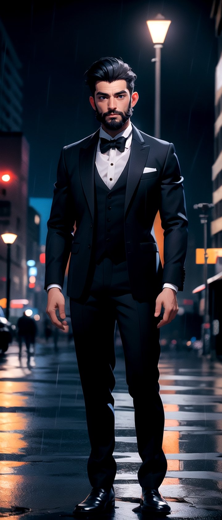 masterpiece, full body portrait, standing, (looking at viewer:1.2), man, beard, medium hairstyle, masculine, black tuxedo suit, | outdoors, city, (night time), night, (raining), cinematic, | depth of field, bokeh, ,3DMM,High detailed 