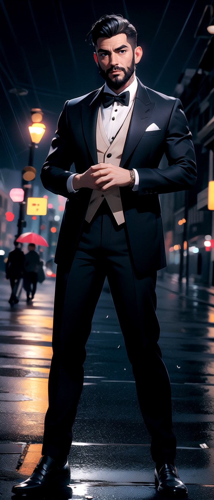 masterpiece, full body portrait, standing, (looking at viewer:1.2), man, beard, medium hairstyle, masculine, black tuxedo suit, | outdoors, city, (night time), night, (raining), cinematic, | depth of field, bokeh, ,3DMM,High detailed 