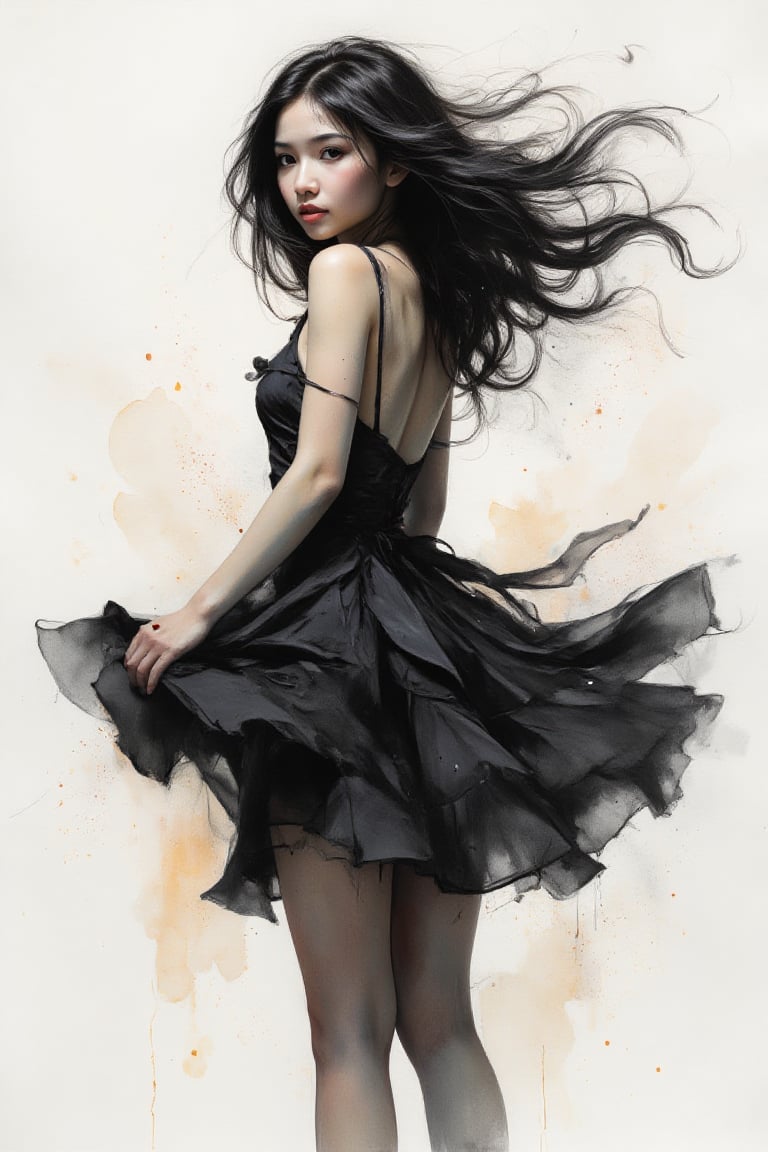 (sensual mood Soft Lighting image),  A captivating monochromatic watercolor full body shot,  from below by ForumObscura on...