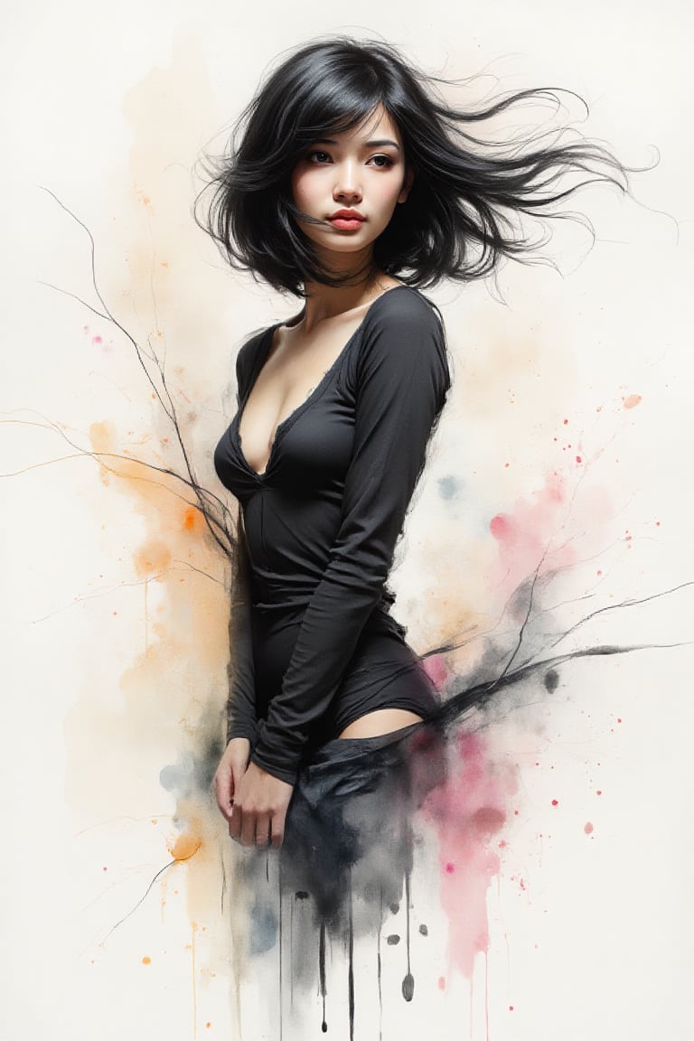 (sensual mood Soft Lighting image),  A captivating monochromatic watercolor full body shot,  from above by ForumObscura on...