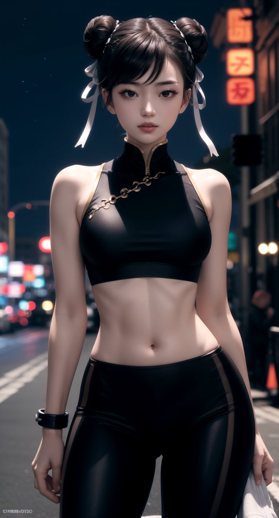 (looking at viewer:1.2), centered, upper body, photography of a 22yo woman, masterpiece, | (beautiful detailed eyes:1.2), (double bun hairstyle), dark brown hair color, dark brown eyes, (tube medim top), midriff peak, navel, lowleg black leggings, | sunset, bokeh, depth of field, | urban, street, City, | starry sky, vaporwave color scheme ,SF2 CHUN ,SFA CHUN ,SF5 CHUN ,SF6 CHUN