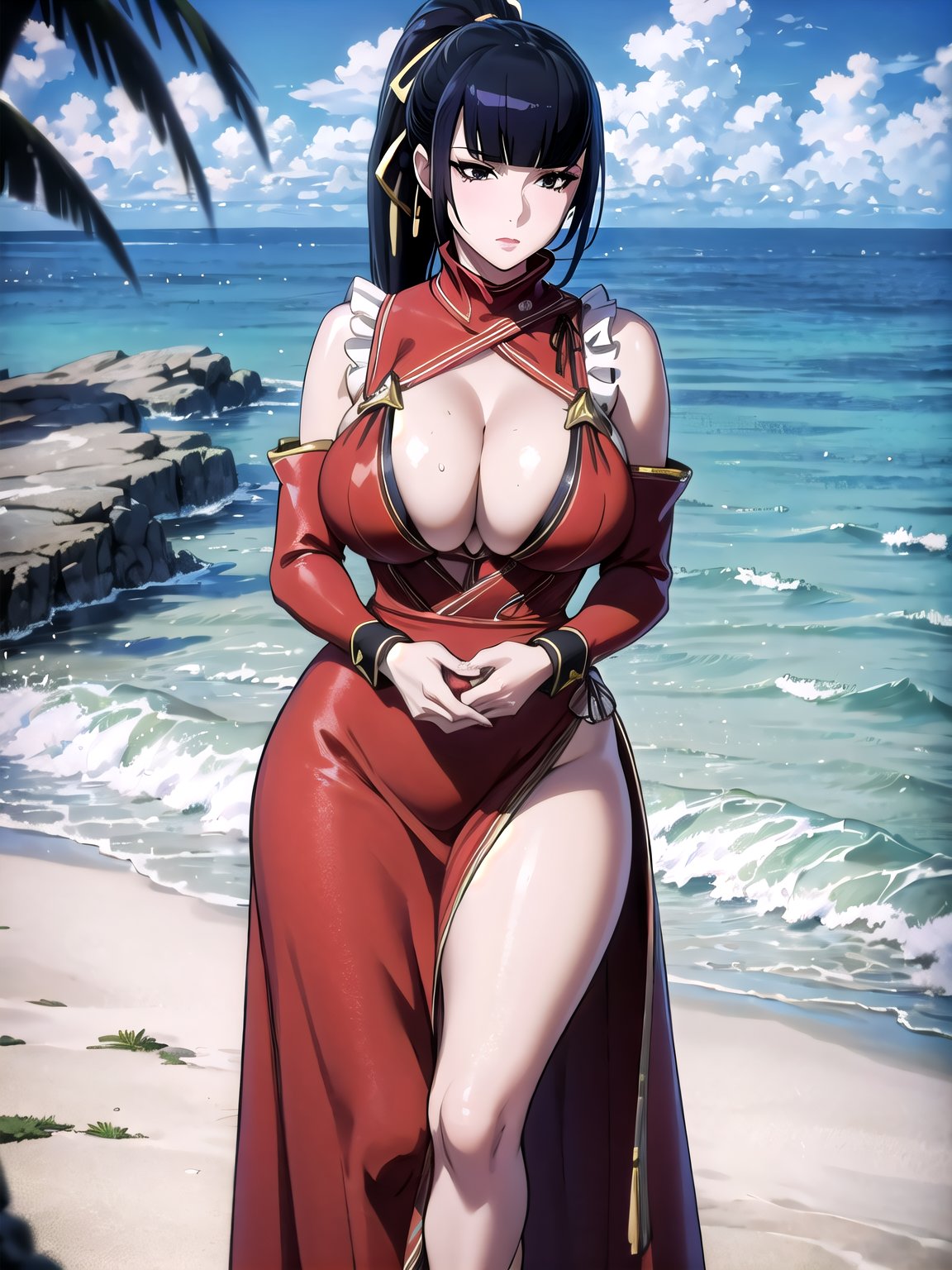 narberal gamma,beach background,ink,Ultra-detail,(highres:1.1),best quality,(masterpiece:1.3),cinematic lighting, sexy breasts, 3DMM, big breasts, full lenth body, sexy pussy, long legs, black hair, long_ponytail, black eyes,
realistic, (masterpiece - 1.2),very sexy face and also a sexy  figure  pornstar  with big natural boobs and curvy ass ,8k,highly detailed,ultrarealistic,hyperrealistic,high quality render,high quality,highly detailed background,frilled dress, long skirt, 1 girl,solo, realhands