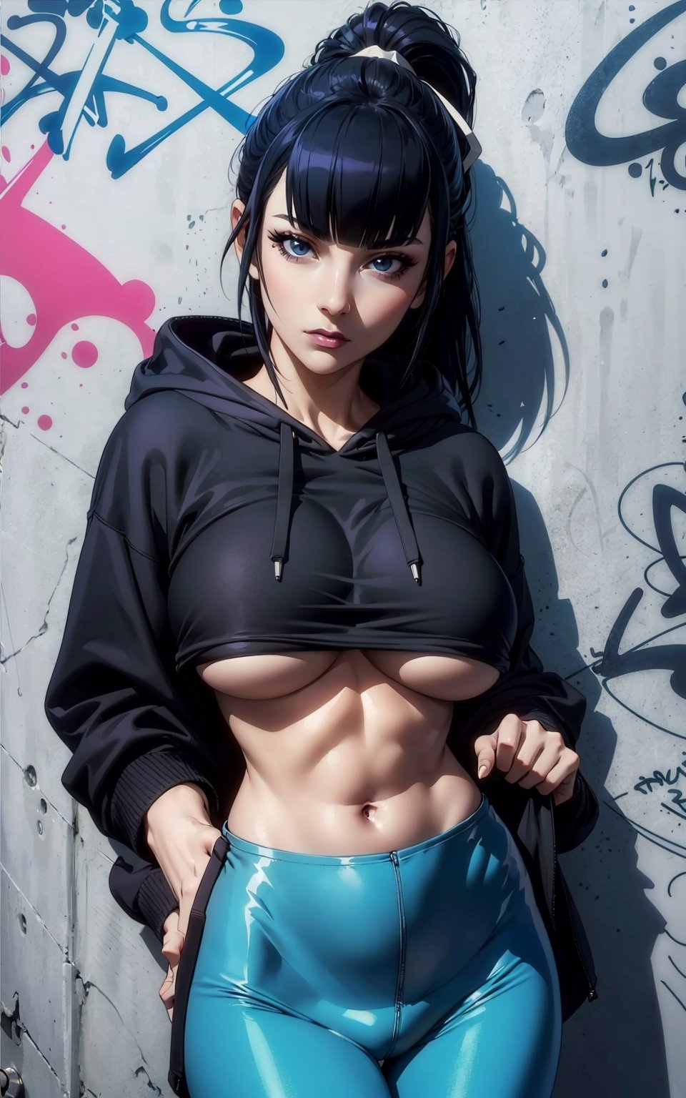 1girl, narberal gamma, black eyes, neutral_expression, black hair, ponytail, cropped hoodie underboob cut, blue leggings, skinny waist:1.3, huge breasts, huge hip, navel, underboob cut hoodie(detailed face:1.2), (detailed eyes:1.2), (detailed background), graffiti wall,realhands,more detail 