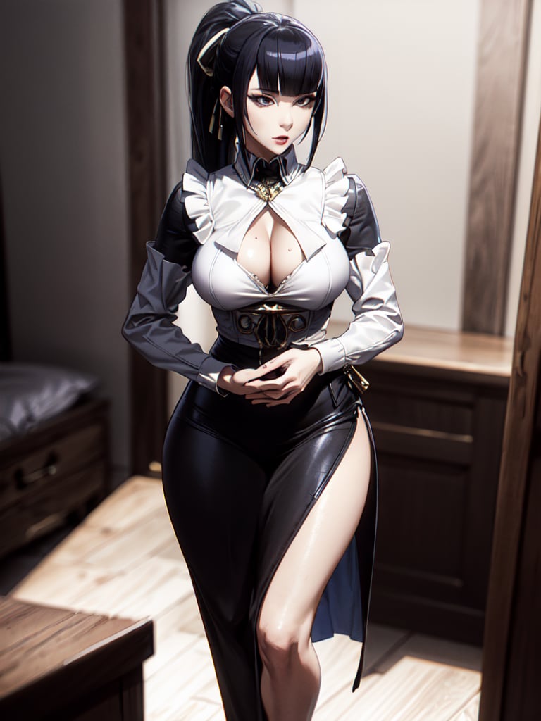 narberal gamma,white background,Ultra-detail,(highres:1.1),best quality,(masterpiece:1.3),cinematic lighting, sexy breasts, 3DMM, big breasts, slim body, full lenth body, long legs, black hair, long_ponytail, black eyes,
realistic, (masterpiece - 1.2),very sexy face and also a sexy  figure  pornstar  with big natural boobs and curvy ass ,8k,highly detailed,ultrarealistic,hyperrealistic,high quality render,high quality,highly detailed background,frilled dress, long skirt, 1 girl,solo, realhands,dream_girl,Sexy