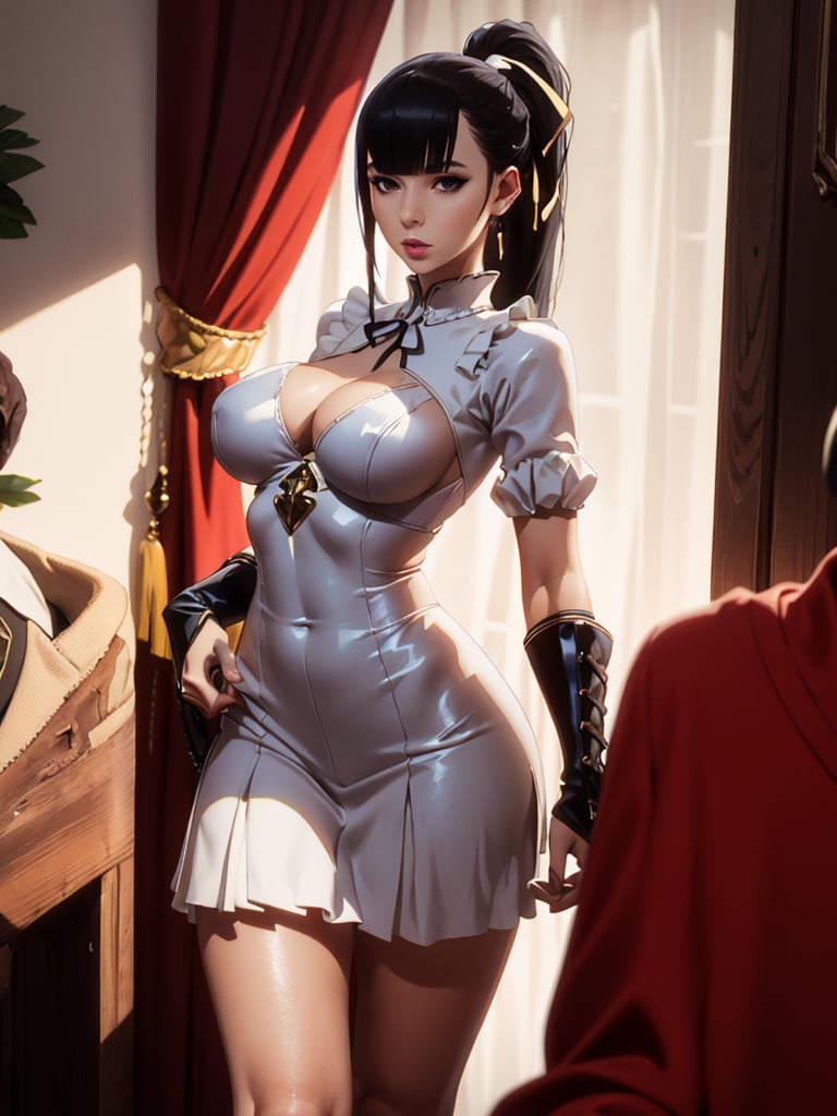 narberal gamma,white background,Ultra-detail,(highres:1.1),best quality,(masterpiece:1.3),cinematic lighting, sexy breasts, 3DMM, big breasts, slim body, full lenth body, long legs, black hair, long_ponytail, black eyes,
realistic, (masterpiece - 1.2),very sexy face and also a sexy  figure  pornstar  with big natural boobs and curvy ass ,8k,highly detailed,ultrarealistic,hyperrealistic,high quality render,high quality,highly detailed background,frilled dress, long skirt, 1 girl,solo, realhands,dream_girl,Sexy