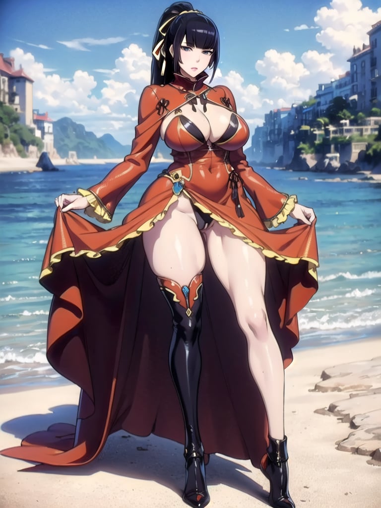 narberal gamma,beach background,ink,Ultra-detail,(highres:1.1),best quality,(masterpiece:1.3),cinematic lighting, sexy breasts, 3DMM, big breasts, full lenth body, sexy pussy, long legs, black hair, long_ponytail, black eyes,
realistic, (masterpiece - 1.2),very sexy face and also a sexy  figure  pornstar  with big natural boobs and curvy ass ,8k,highly detailed,ultrarealistic,hyperrealistic,high quality render,high quality,highly detailed background,frilled dress, long skirt, 1 girl,solo, realhands