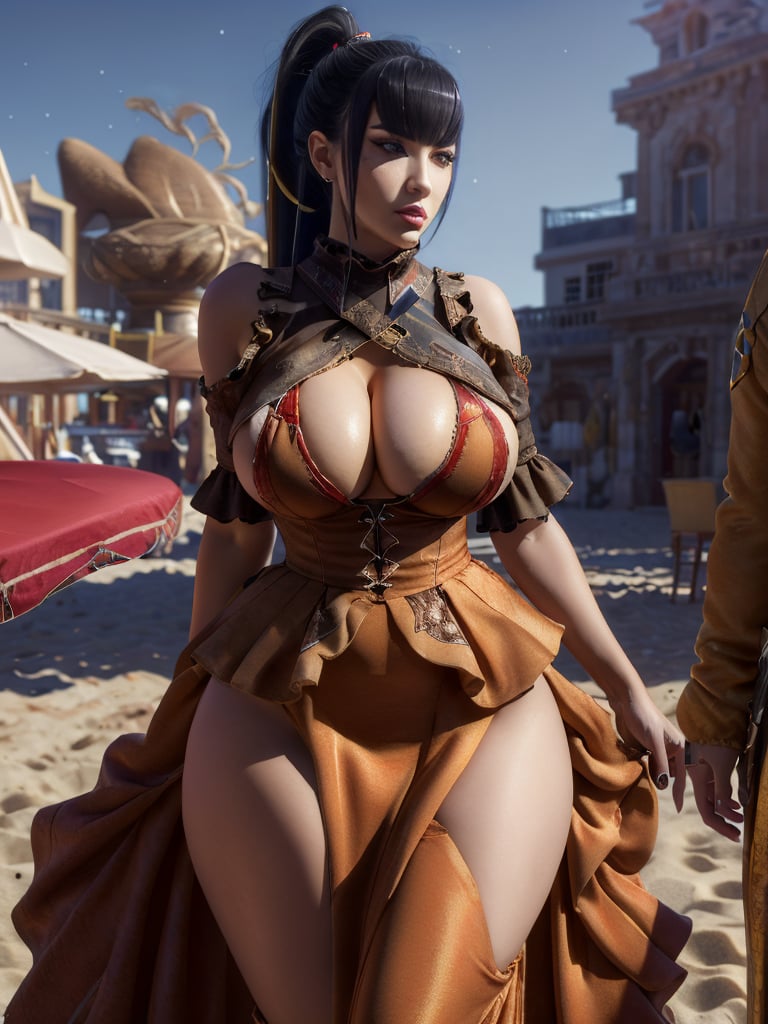 narberal gamma,beach background,ink,Ultra-detail,(highres:1.1),best quality,(masterpiece:1.3),cinematic lighting, sexy breasts, 3DMM, big breasts, full lenth body, long legs, black hair, long_ponytail, black eyes,
realistic, (masterpiece - 1.2),very sexy face and also a sexy  figure  pornstar  with big natural boobs and curvy ass ,8k,highly detailed,ultrarealistic,hyperrealistic,high quality render,high quality,highly detailed background,frilled dress, long skirt, 1 girl,solo, realhands