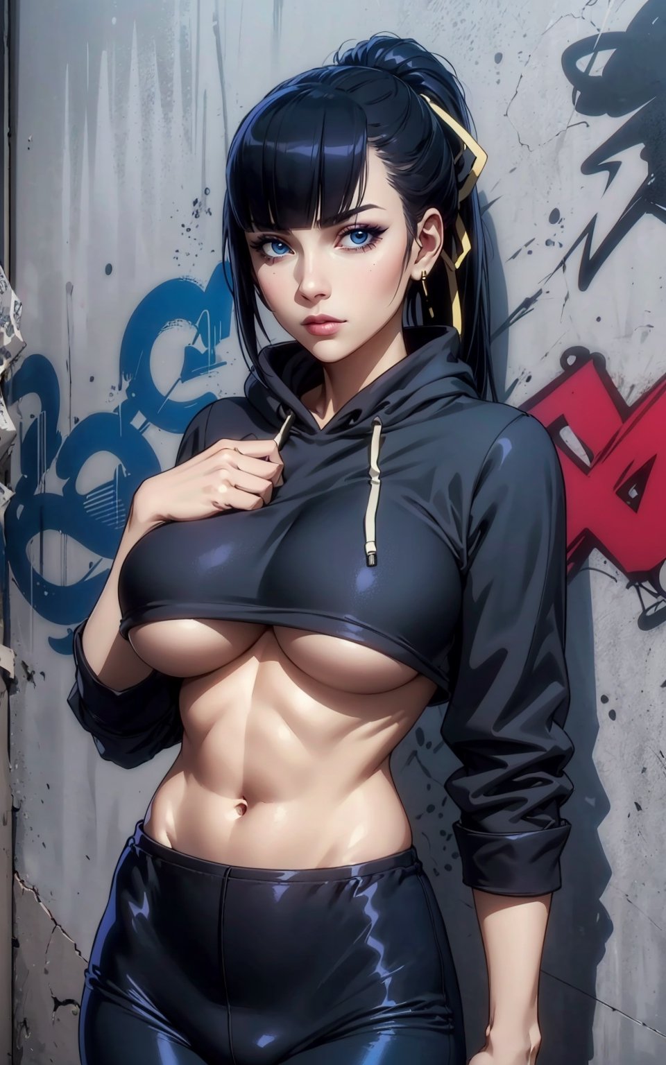 1girl, narberal gamma, black eyes, neutral_expression, black hair, ponytail, cropped hoodie underboob cut, blue leggings, skinny waist:1.3, huge breasts, huge hip, navel, underboob cut hoodie(detailed face:1.2), (detailed eyes:1.2), (detailed background), graffiti wall,realhands,more detail 