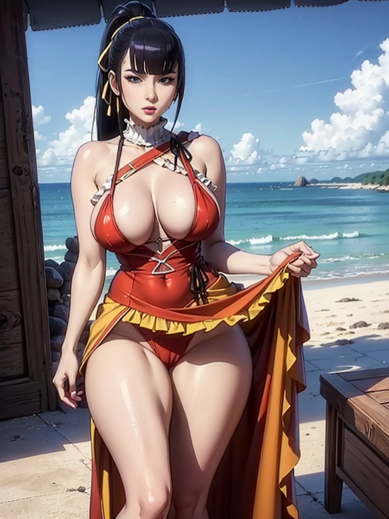 narberal gamma,beach background,ink,Ultra-detail,(highres:1.1),best quality,(masterpiece:1.3),cinematic lighting, sexy breasts, 3DMM, big breasts, full lenth body, sexy pussy, long legs, black hair, long_ponytail, black eyes,
realistic, (masterpiece - 1.2),very sexy face and also a sexy  figure  pornstar  with big natural boobs and curvy ass ,8k,highly detailed,ultrarealistic,hyperrealistic,high quality render,high quality,highly detailed background,frilled dress, long skirt, 1 girl,solo, realhands