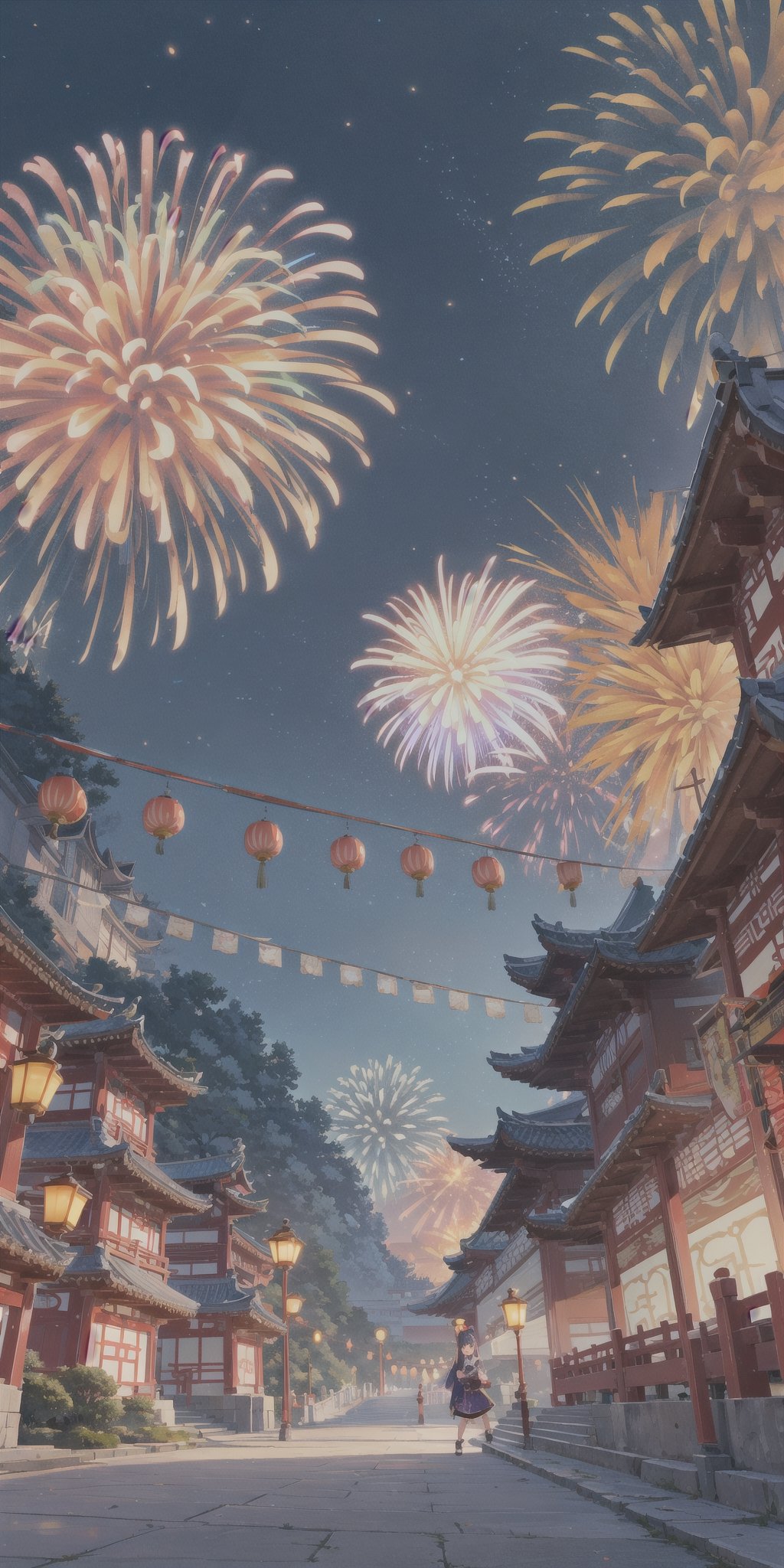 1girl,looking at viewer, smile, closed mouth, open mouth, happy BREAK chinese building, east asian architecture, forbidden palace, plaza, square, road, banners, flags, (fireworks, aerial fireworks:1.2),hu tao(genshin impact)