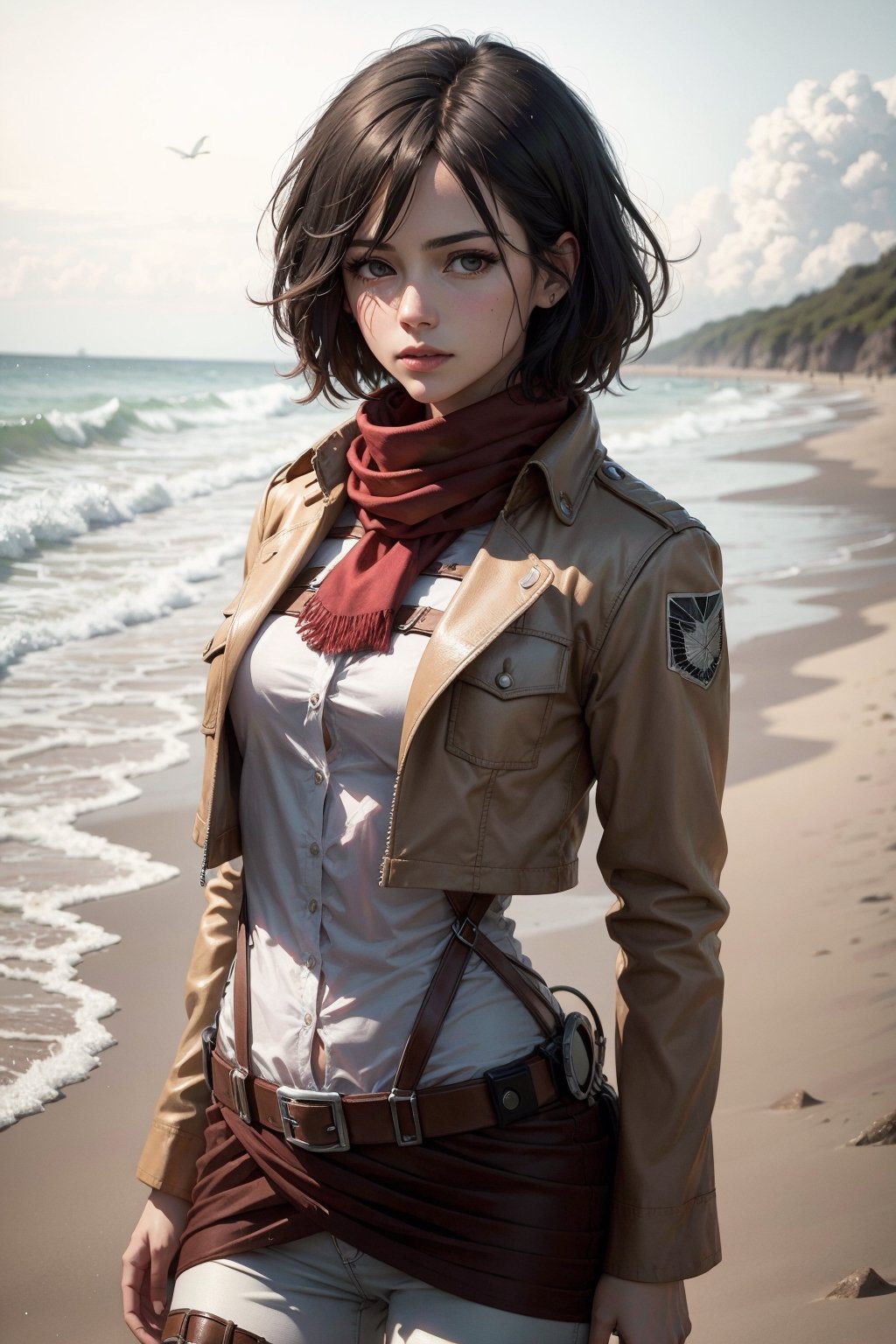   masterpiece, best quality, highres, hmmikasa, short hair, black eyes, scarf, emblem, belt, thigh strap, red scarf, white pants, brown jacket, long sleeves, cowboy shot, standing, on the beach, tall girl, 4k, (photorealistic:1.5), beautiful lighting, (ulzzang-6500:0.5)
,hmmikasa