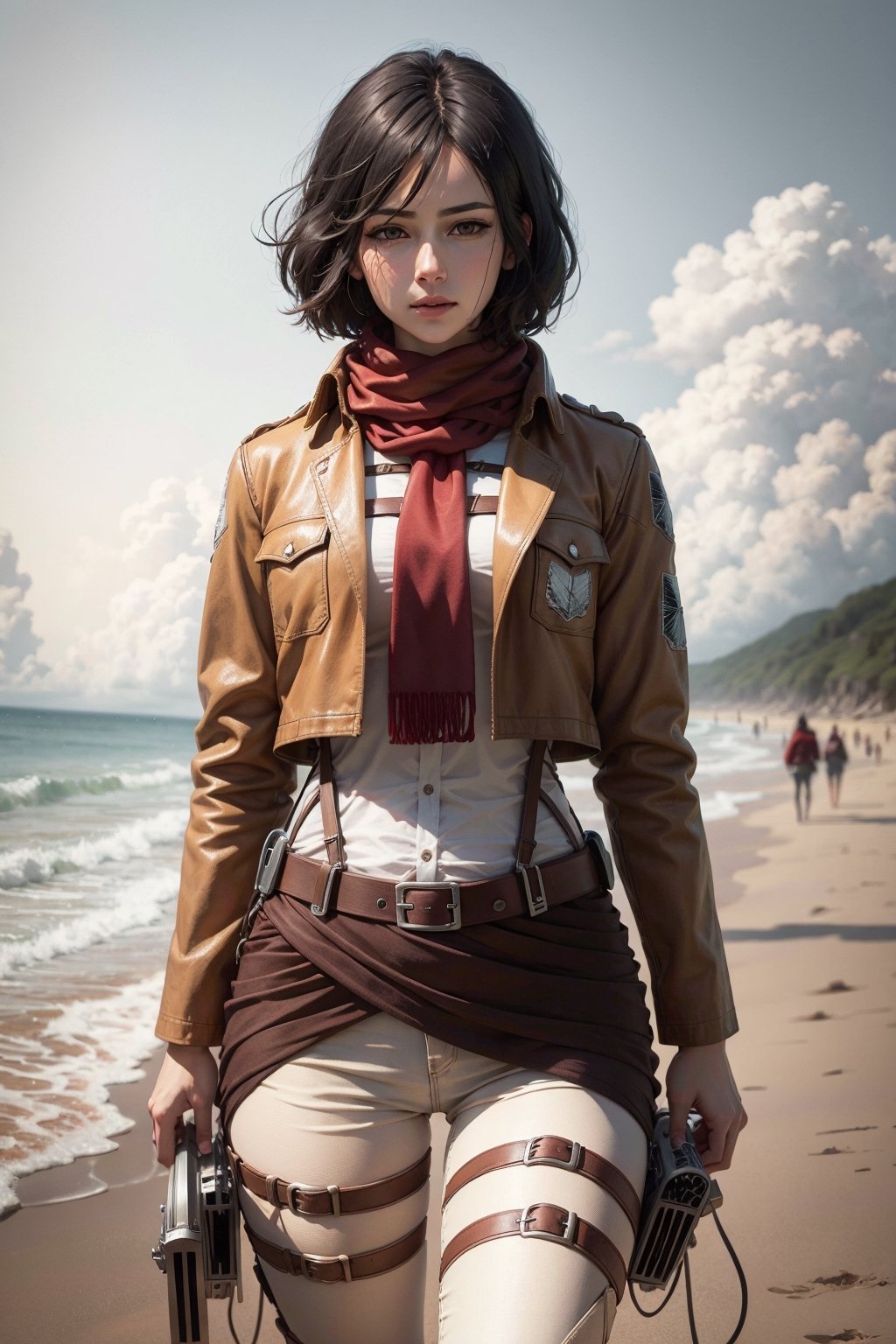   masterpiece, best quality, highres, hmmikasa, short hair, black eyes, scarf, emblem, belt, thigh strap, red scarf, white pants, brown jacket, long sleeves, cowboy shot, standing, on the beach, tall girl, 4k, (photorealistic:1.5), beautiful lighting, (ulzzang-6500:0.5)
,hmmikasa