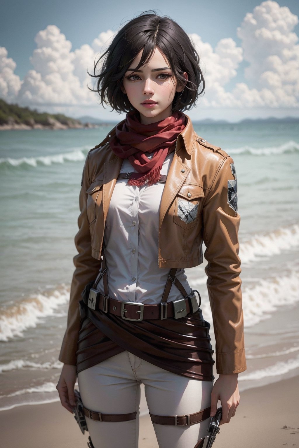   masterpiece, best quality, highres, hmmikasa, short hair, black eyes, scarf, emblem, belt, thigh strap, red scarf, white pants, brown jacket, long sleeves, cowboy shot, standing, on the beach, tall girl, 4k, (photorealistic:1.5), beautiful lighting, (ulzzang-6500:0.5)
,hmmikasa