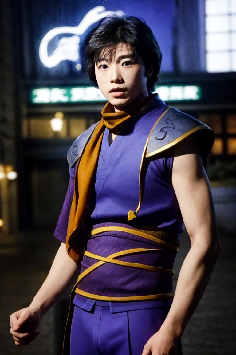 TatsurouAkiyama, young 18yo boy, (solo:1.4), ninja, scarf, slim fit, big eyes,EpicMakeup,