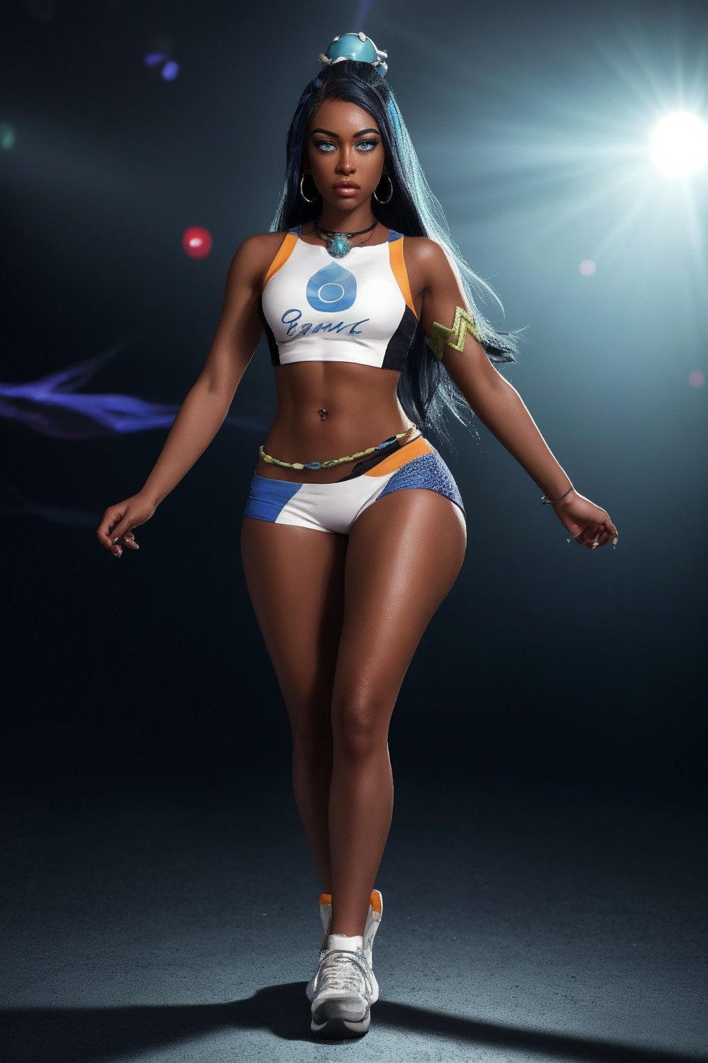 MoriahMills as nessa, full body, very long hair, single hair bun, dark-skinned female, blue eyes, earrings, curvy, busty, small waist, sexy, UHD, 8K, intense and vibrant colors, chromatic aberration, intricate, beautiful volumetric lighting, epic light, sharp focus, dark, powerful and captivating aura, foggy atmosphere, REALISTIC, single hair bun,jewelry,necklace,belly chain,armlet,midriff,