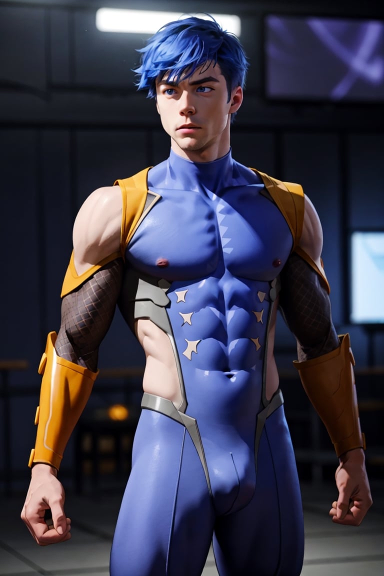 Rick cosnett as TatsurouAkiyama, young 18yo boy, (solo:1.4), ninja, slim fit, big eyes, muscular, abs, wide shoulders, EpicMakeup,Gray_Reverse,blue hair,taimanin bodysuit