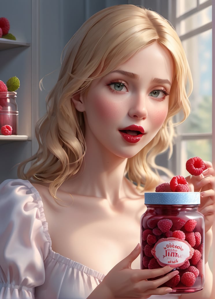 Pretty woman, blonde, holds a jar of raspberries, directs it to her mouth, there are jars of raspberry jam nearby 4 k,3d style