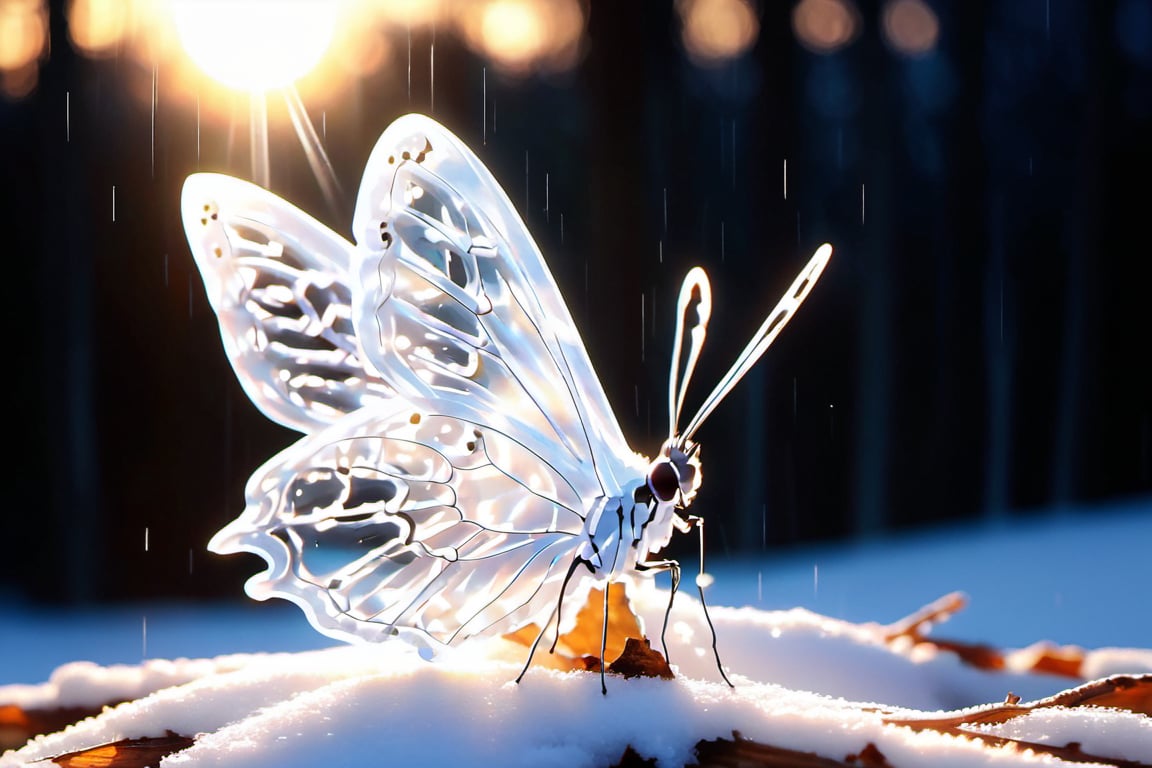 Large ice lace butterfly, lace, transparent two wings, openwork open, sparkle in the snow, snow-white wings, against the background of the sun and snow, the light falls brightly on the forest, 4k