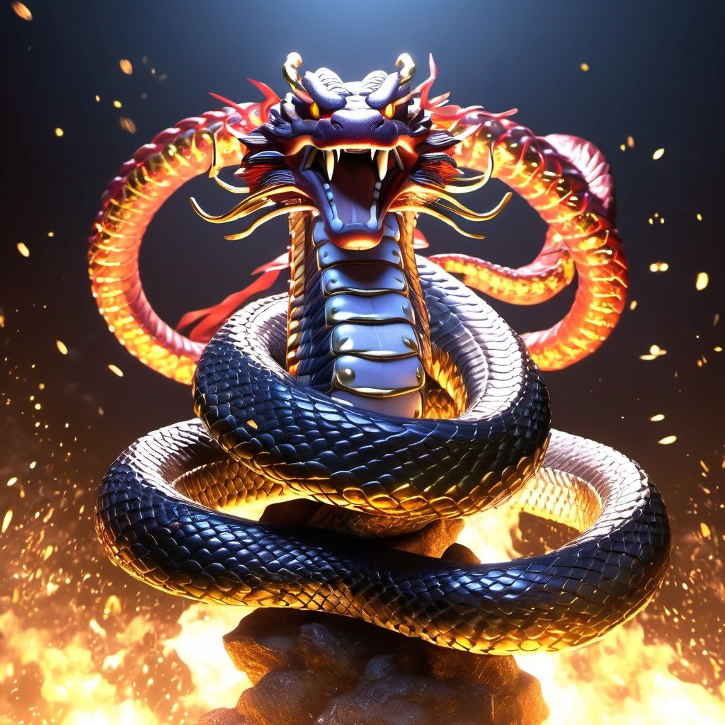 the legendary snake Orochi, 8 heads, 8 tails, becomes the embodiment of heavenly fury. His body is radiant flowers, reflecting the birth of stars. His eyes glow with cosmic fire, and tentacles of energy surround his body like ethereal lightning. 4K