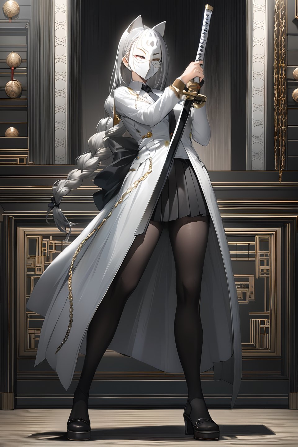 1girl, solo, long hair, blush, bangs, large (bow), medium breasts, very long hair, closed mouth, standing, braid, white hair, grey hair, large black bow with intricate chains, parted lips, grey eyes, mask, black tie, white blouse, white coat, long sleeves, mask on head, skirt, pleated skirt, pantyhose, black pantyhose, mature face, white mask, tie, cat face mask, holding, standing, full body, weapon, sword, holding weapon, holding sword, katana, extremely detailed, (masterpiece)