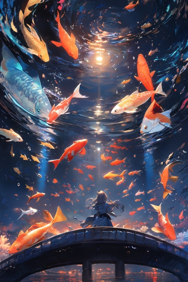 Extreme detailed, (masterful), 1girl, solo, back view, night, on top of bridge, water, reflection, fish, koi, volumetric lighting, water focus