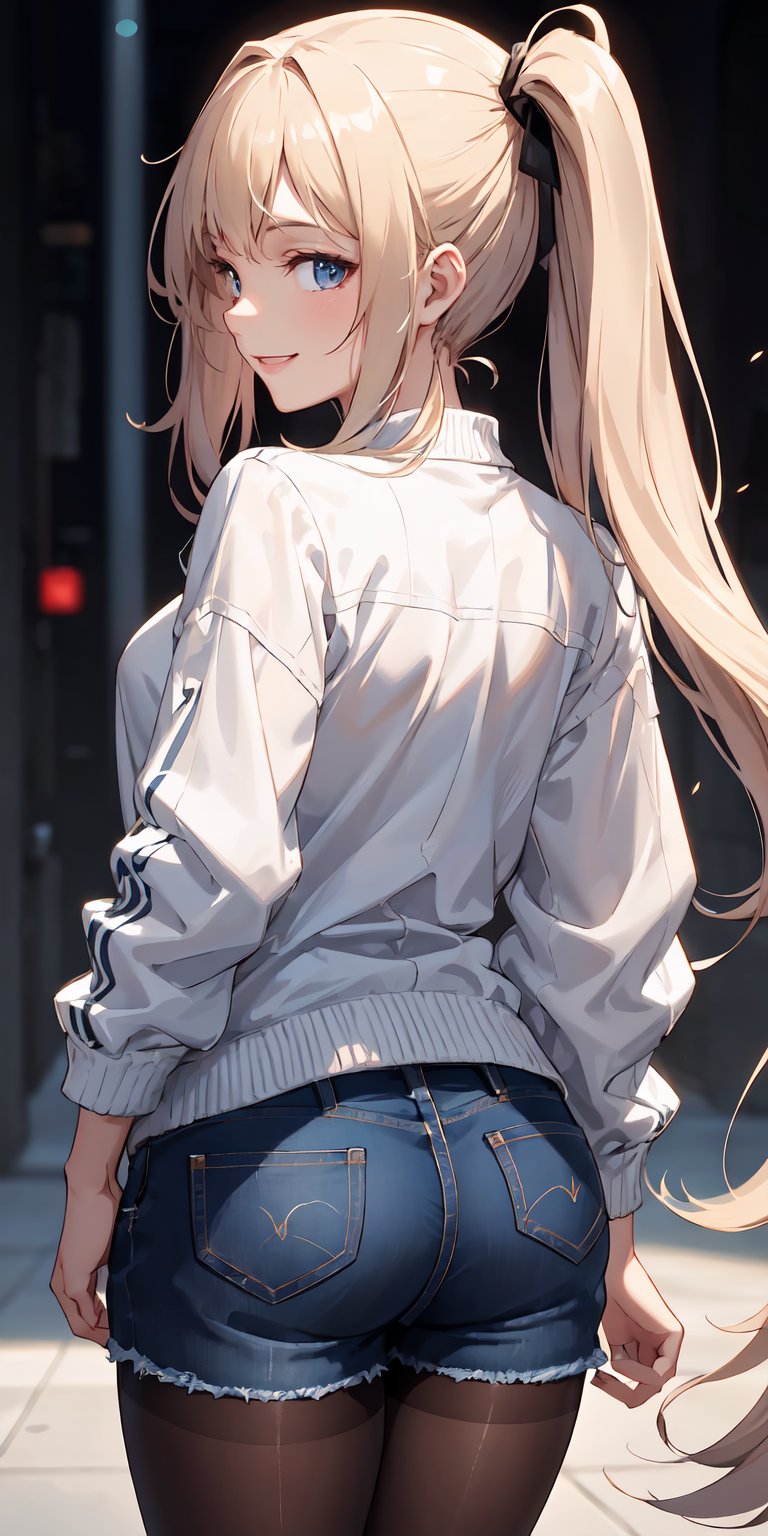 ultra detailed 8k cg, 1girl, girl with long flowing hair, wearing jean shorts, wearing a white blouse with a jacket, black pantyhose, back view, turning head backwards to face the camera, smiling