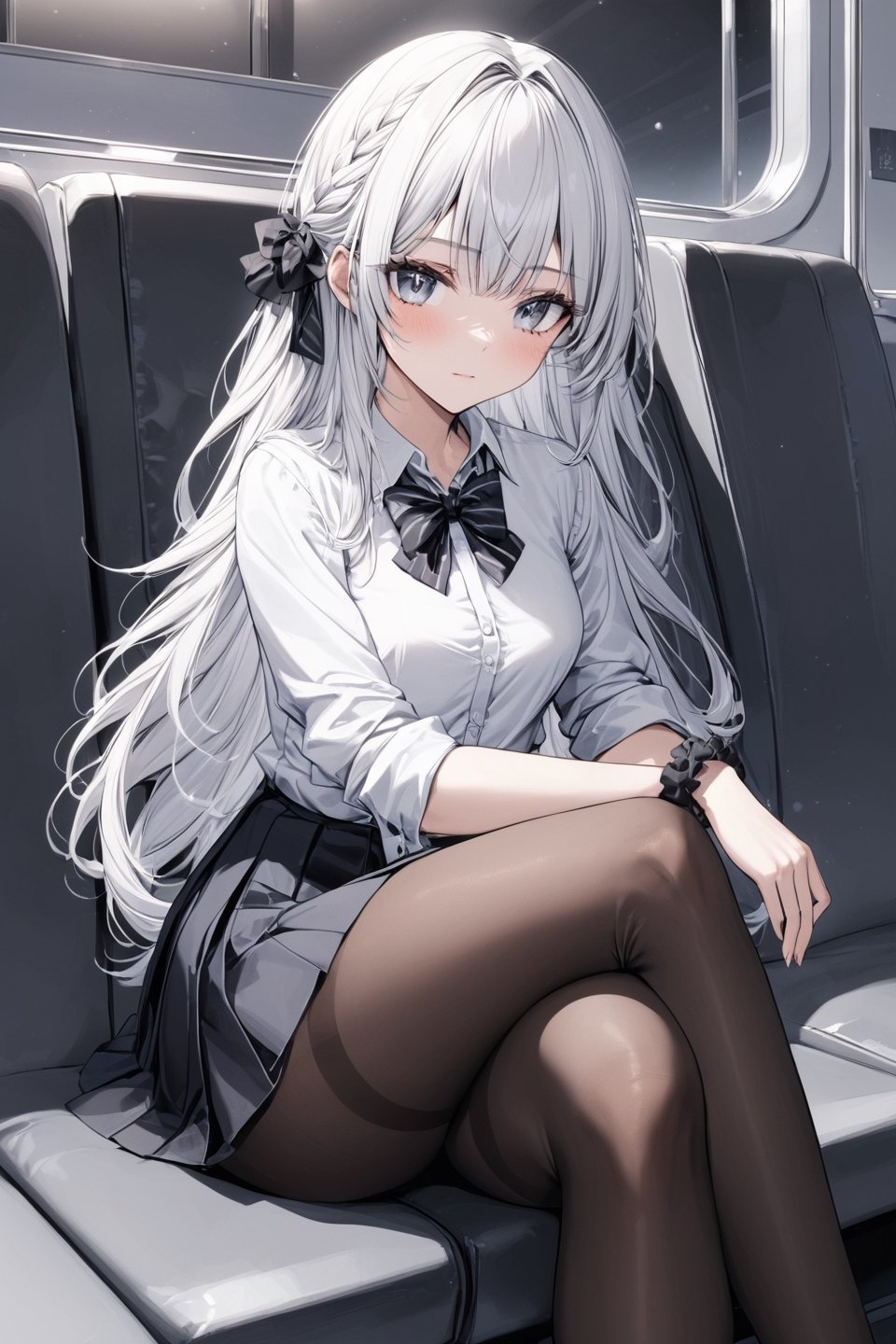 Extreme detailed, (masterful), 1girl, solo, long hair, skirt, shirt, long sleeves, bow, sitting, closed mouth, school uniform, white shirt, pantyhose, thighs, pleated skirt, striped, collared shirt, bowtie, black skirt, legs, black pantyhose, white hair, scrunchie, crossed legs, bow, sleeves rolled up, thighband pantyhose, black striped bow, wrist scrunchie, black striped bowtie, train interior, black scrunchie, claraval