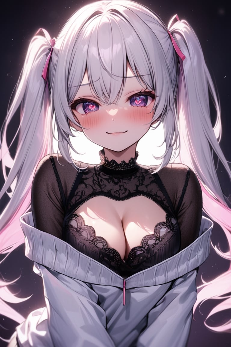 Extreme detailed, (masterful), 1girl, solo, tight shirt, cleavage, cleavage cutout, jumper, off shoulders, white jumper with pink lining, lace undershirt, black lace shirt, twintails, pink hairties, (heart shaped pupil), blush, white hair, long hair, smug face, (dim lighting), dark lighting