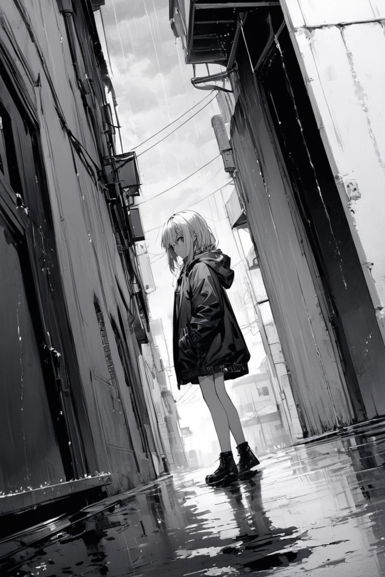 Extreme detailed, (masterful), 1girl, claraval, rain, storm, outdoors, puddles, back to wall, side view, street, monochrome, sketchbook style, close up
