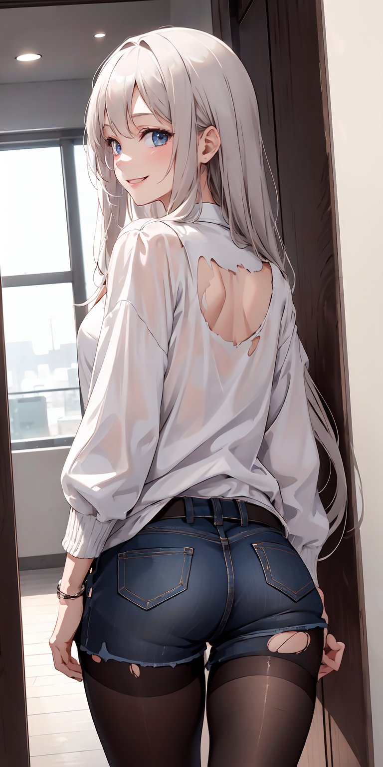 ultra detailed 8k cg, 1girl, girl with long flowing hair, wearing jean shorts, wearing a white blouse with a jacket, torn black pantyhose, back view, turning head backwards to face the camera, smiling