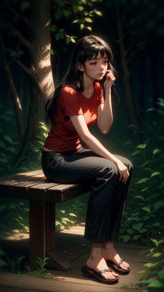 16k, realistic, perfect, forest,1 girl, 
,little girl,

big old tree, autumn,

,long black hair, small thighs, slim body,

,red tshirt, regular flip flops,
,long black loose trousers,

sad_face, cry, crying, tears come out,

,1 big old tree,
, sitting on top old wooden bench,

,full-body_portrait,

